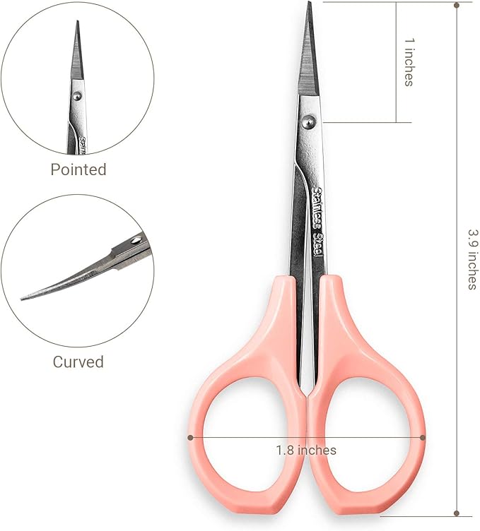 Scissors with Cap- Self Care - Hair Trimmer - Facial, Nose Hair, Eyebrow, Mustache & Beard Grooming - Curved Edge, Pink Short Cap