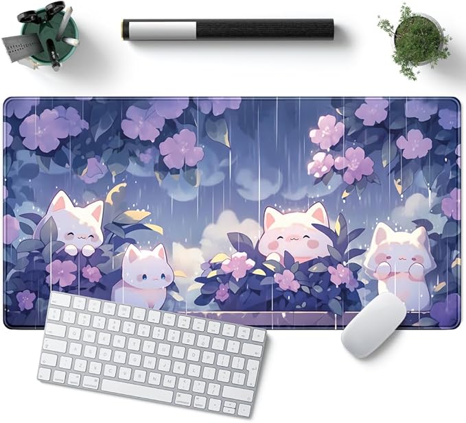 Kawaii Cat Desk Mat XXL Extended Purple Gaming Mouse Pad Large Mousepad, Cute Desk Mat Keyboard and Mouse with Stitched Edges Desk Pad for Game Office Home Desk Purple Decor 31.5x15.7 in