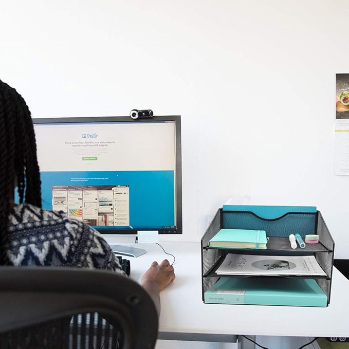 EASEPRES Mesh Desktop File Organizer, Document Mail Desk Folder Holder with 3 Paper Letter Tray and 1 Vertical Upright Compartment for Office Supplies, Desk Accessories & Workspace, Black