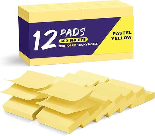 Pop Up Sticky Notes, 12 Pads, 3x3 inches, Yellow Self-Stick Note Pads, Perfect for Office, Study, and Daily Life Organization - Yellow