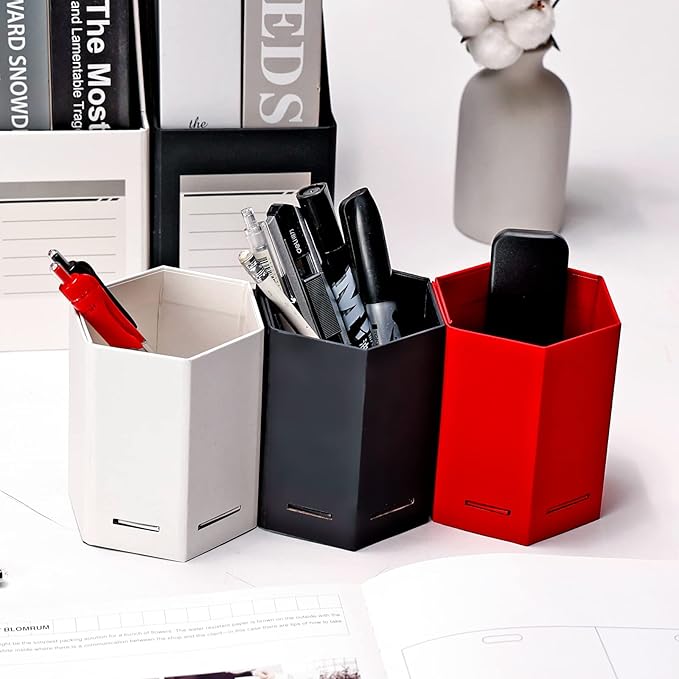 HUAPRINT Pen Holder,Red Pencil Holder for desk,3 Pack Cardboard Pen Organizer Desk,Pencil Cup for Office Home School Kids,3.14x3.14x4.33 inch