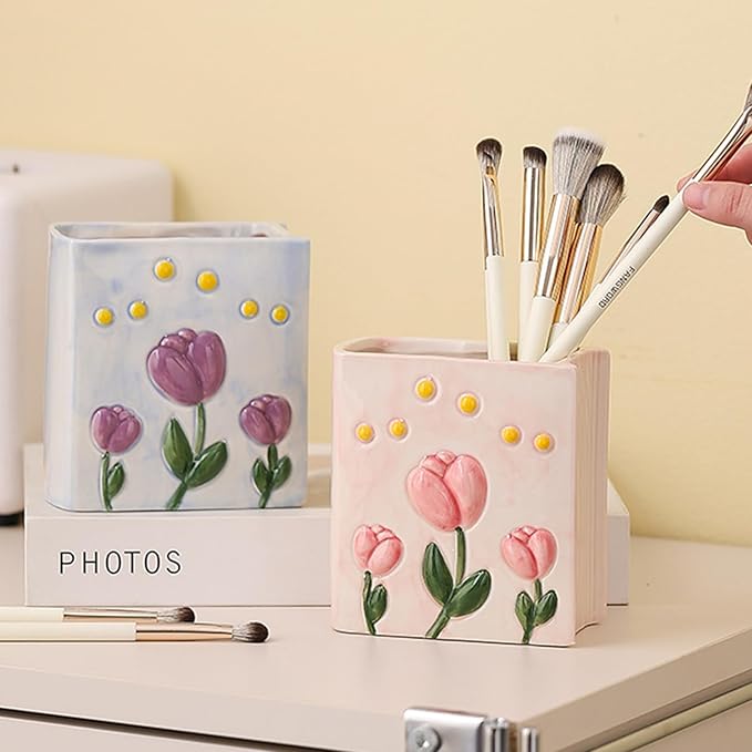 Book Vase Flower Pencil Cup Pen Holder For Office Desk Decorative Books Yellow Flower Vase Cute Toothbrush Holders Home Decor Teacher Book Gifts for Women Small Makeup Brushes Holder