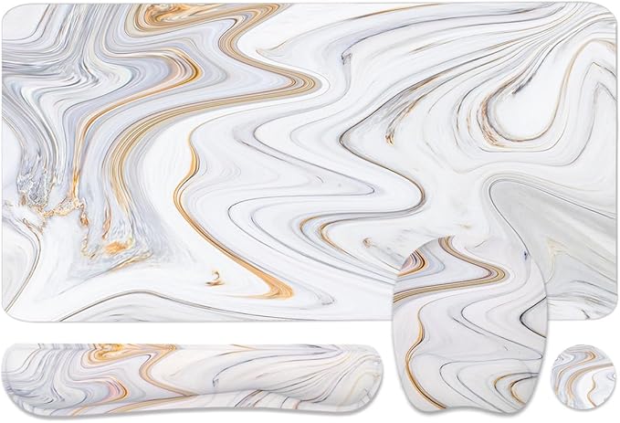 Keyboard Wrist Rest Large Mouse Pad Wrist Support for Computer, 4 in 1 Memory Foam Keyboard Pad Desk Mat Ergonomic Hand Rest Wrist Cushion for Home Office Gaming-White Marble