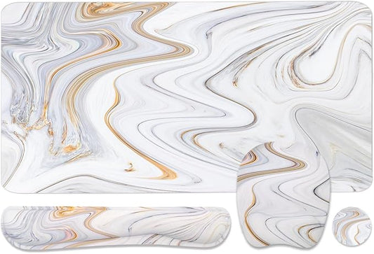 Keyboard Wrist Rest Large Mouse Pad Wrist Support for Computer, 4 in 1 Memory Foam Keyboard Pad Desk Mat Ergonomic Hand Rest Wrist Cushion for Home Office Gaming-White Marble