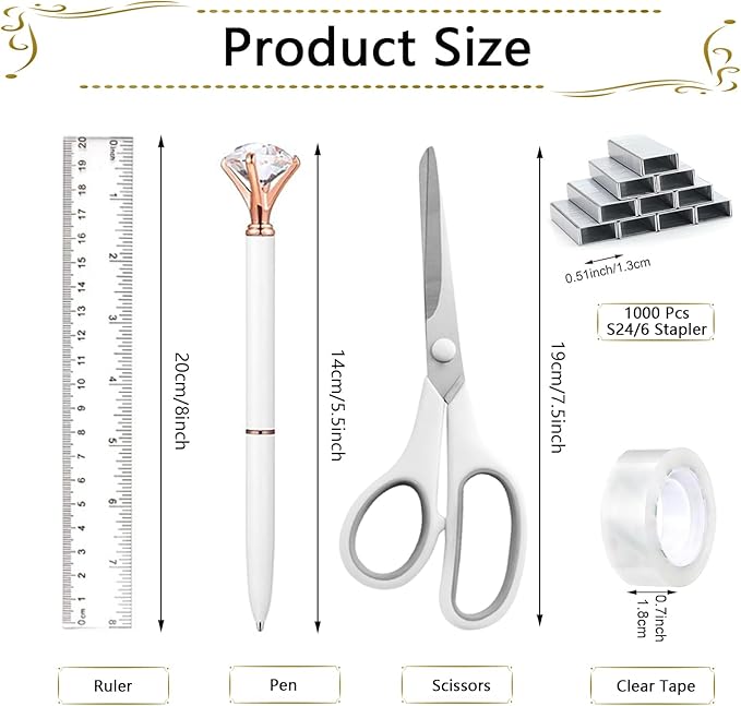 Office Supplies Set,Desk Accessories,Stapler and Tape Dispenser Set,1000 Staples,Staple Remover,Hinder Clips,Ruler,Scissor,Clear Tape,Ballpoint Pen,Sticky Notes,Gifts for Colleagues(White)