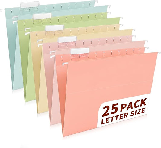 25-Pack Pastel Hanging File Folders, Letter Size (8.5"x11") with 1/5-Cut Tabs,25 Transparent Label Cards, 25 Sticker Labels–Home Office & Filing Cabinets