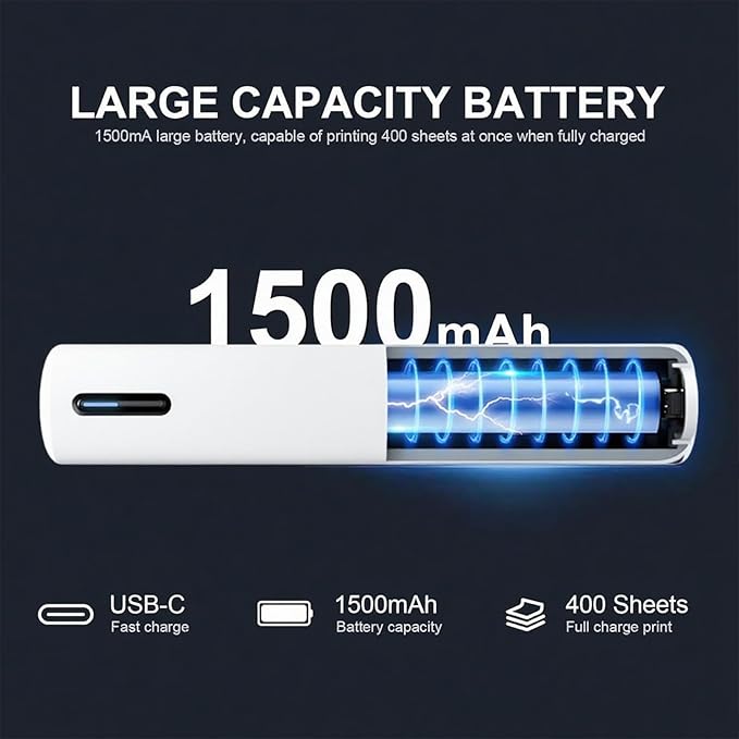 C80 Wireless Printer, Inkless Portable Printer for Travel, Supports A4 8.5 x 11 Inch Thermal Paper, Compatible with Phone & Laptop (White)