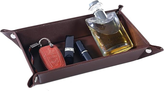 Leather Valet Tray for Men and Women - Jewelry Tray Nightstand Organizer - Bedside Vanity Tray - Dresser Catchall Tray - Desk Organizer and Storage for Keys, Phone, Wallet (Rectangular)
