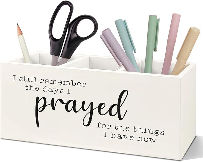 SNNDER Christian Pen Holder for Desk, Motivational Desk Decor Wooden Pen Pencil Holder Organizer for Home Office Accessories