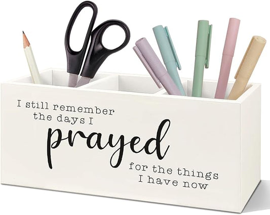 SNNDER Christian Pen Holder for Desk, Motivational Desk Decor Wooden Pen Pencil Holder Organizer for Home Office Accessories