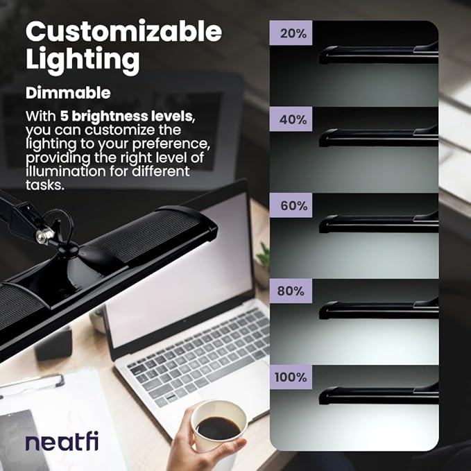Neatfi LED Desk Lamp, 3,500 Lumens, 3 Light Modes, Dimmable, 45W, Touch Control, 26 Inch Wide Metal Shade, 540 SMD LEDs, Directional Lighting, Eye Caring Task Lamp (CCT with Clamp, Black)
