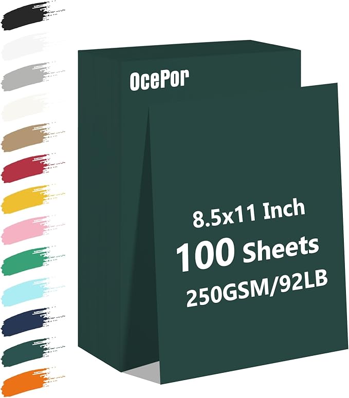 OcePor 100 Sheets Dark Green Cardstock Paper, Colored Printer Paper 8.5 x 11, Thick Construction for Cards Making, Scrapbook，Office Printing, Invitations, Certificates，DIY Crafting 92 lb/250gsm