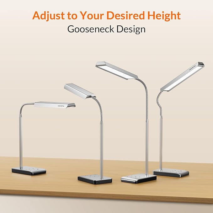 LEPOWER-TEC LED Desk Lamp, 12W Reading Desk Lamp for Office Home with 60 Lighting Modes, Touch Control & Timer Function, 750LM Bright Eye-Caring Gooseneck Desk Light Table Lamp for Study, Work, Silver