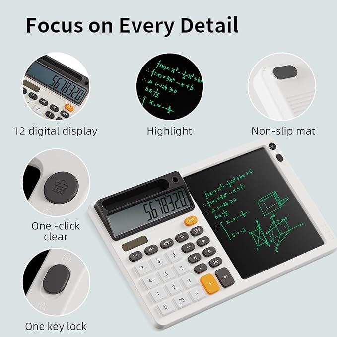 Solar Calculator with 7.5 inc LCD Writing Membrane, 15° Tilt for Easy Reading, Integrated Phone Stand, Voice & Silent Modes, Anti-Slip Pads for Stability, Ideal for Office & Study Use (White)