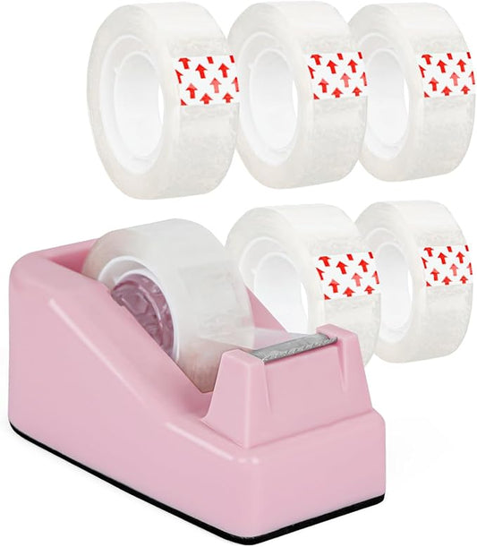 Desktop Tape Dispenser Pink with Weighted Nonskid Base - Includes 6 Rolls of Transparent Tape (0.71 Inch x 1000 inches Each)