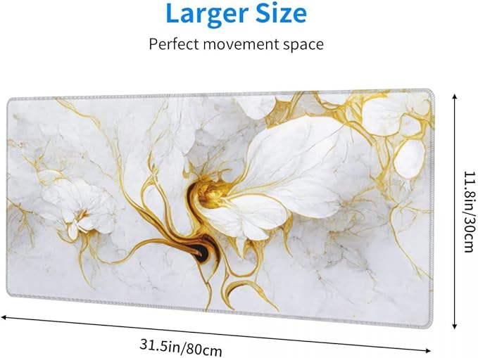 Desk Pad,Office Desk Mat 31.5"×11.8" Large Gaming Mouse Pad,Extended Computer Mouse Pad,Waterproof Thick Big Mouse Pads with Non-Slip Rubber Base Office Home White Gold Marble Flower