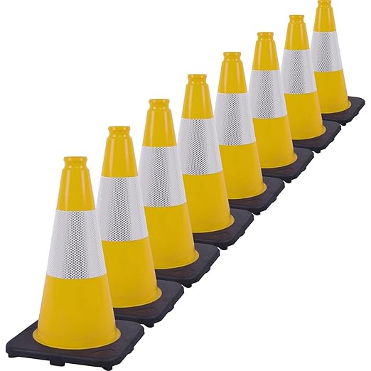 Fluorescent Orange/Green PVC Traffic Cones, Heavy Black Base Parking Lot Cone Structurally Stable Weatherproof Road Construction Safety Cones (8, Yellow, 18" Medium)