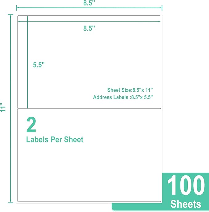 L LIKED Half Sheet Shipping Labels, 2 per Sheet, 200 Labels, 5.5 x 8.5 inch, for Laser & Inkjet Printer (100 Sheets)