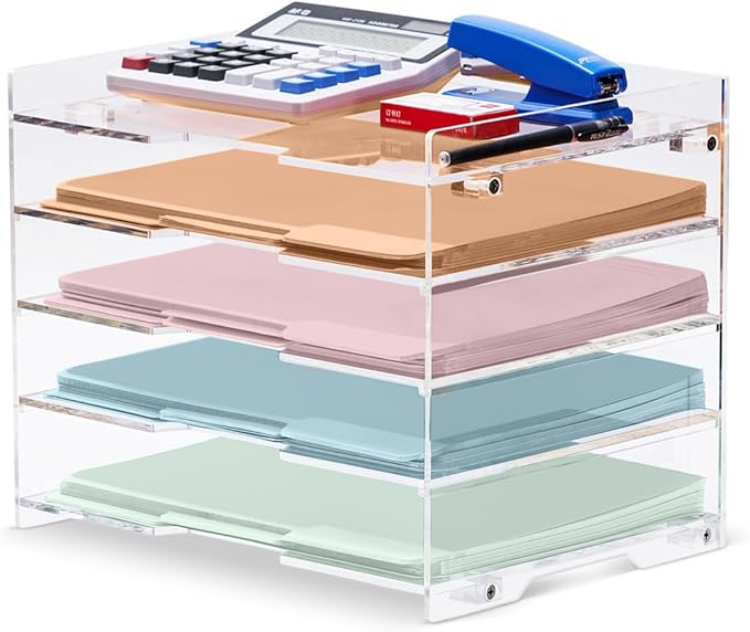File Paper Organizer Letter Tray For Desk Office Supplies Folder Accessories Storage, Clear Acrylic, For Home School Desktop Organization