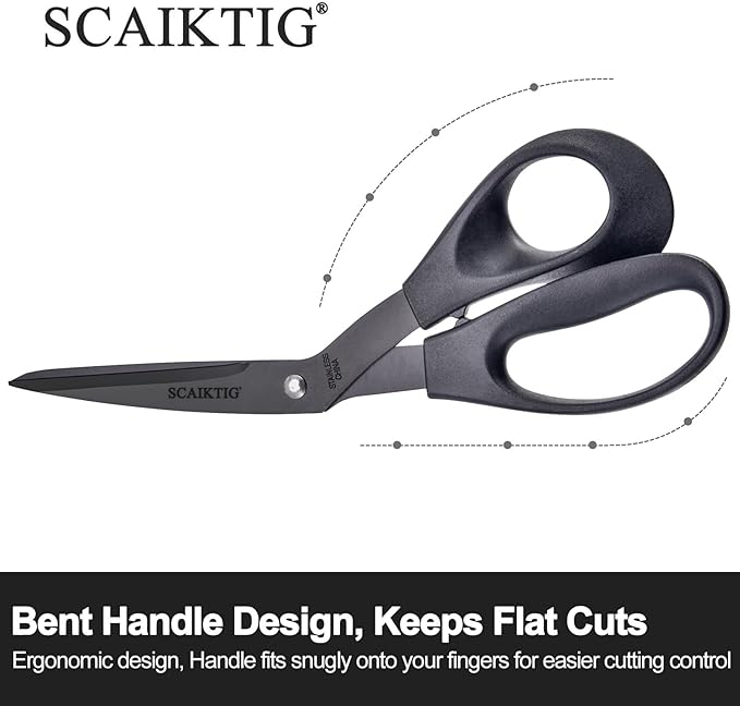 8.5‘’ Bent Fabric Scissors All Purpose Sharp Heavy Duty, Bent Shears for Sewing Crafting Cutting Clothes, Felt, Leather, Paper Supplies, Black Titanium Coating Blades, 2-pack