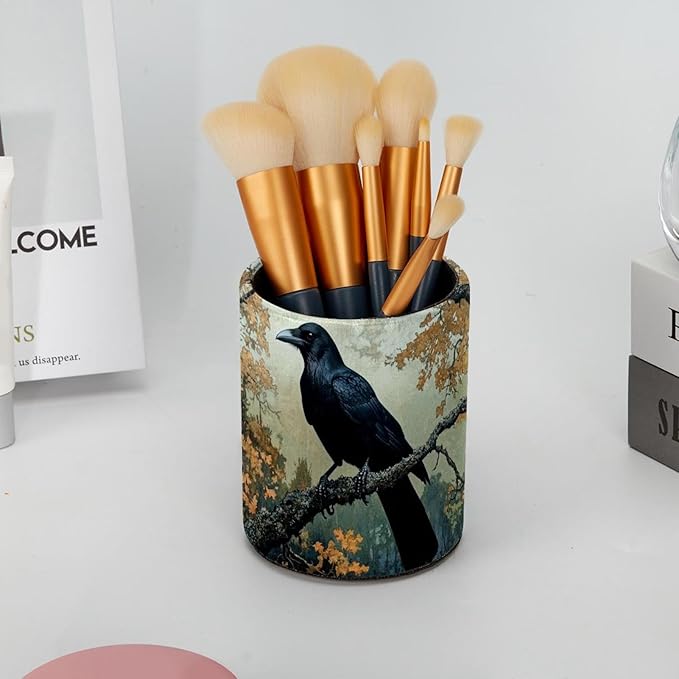_Black Crow Sitting on Branch of Oak Tre (1) Pen Holder Stand Cup Pencil Holder Organizer Makeup Brush Holders for Home Office Desk