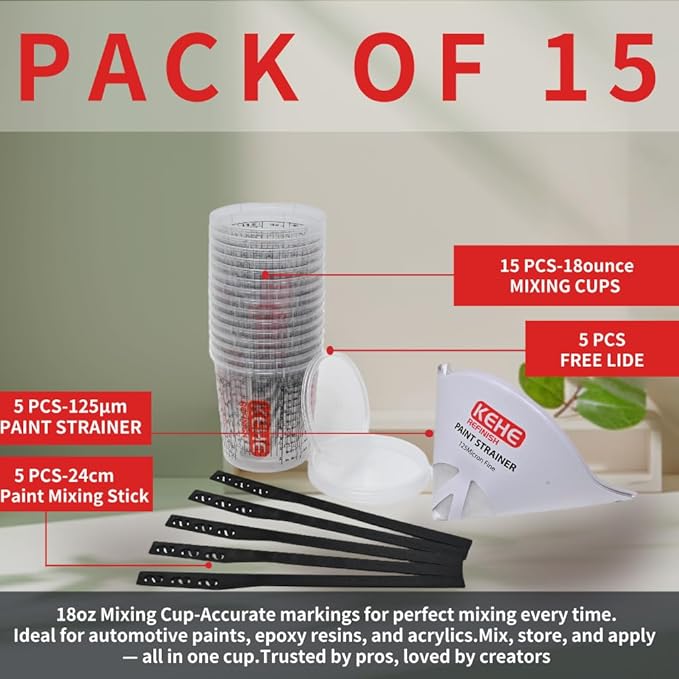 15 PACK Paint Mixing Cups by KEHE REFINISH,10 oz (300ml),Disposable or Reusable Plastic Measuring Cups with Lids for Liquids, Paints, Resin, Epoxy, Art,Ratios 1:1,2:1, 3:1, 4:1,5:1,6:1,7:1,8:1