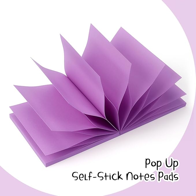 Sticky Notes 3x3 Pop Up Self-Stick Notes Pads with Bright Colors, Easy to Post for Office, School, Home, 4 Pads/Pack, 90 Sheets/Pad (Purple)