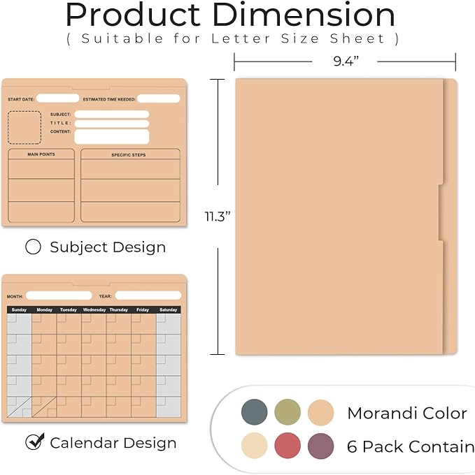Y YOMA 6 Pack File Folder Jackets Letter Size Paper Pocket File Folder with Reinforced Straight-Cut Tab Pre-Printed Job Folders No Expansion Organizer for Office, Assorted Colors, Calendar Design