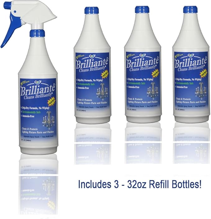 Brilliante Crystal Chandelier Cleaner - Manual Sprayer 32oz Environmentally Safe, Ammonia-free, Drip-dry Formula, Made in USA (4 Pack)