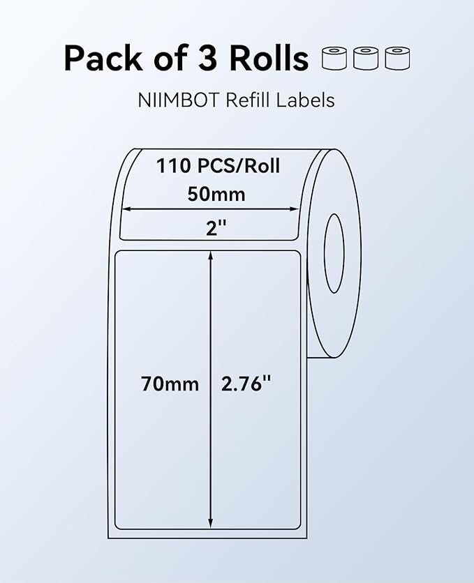 3 Rolls Labels for NIIMBOT B1 B21 B3S K3 Label Maker, 2'' x 2.36'' (50x70mm) Printer Labels for Jars, Personalized Editable for Home/School/Office