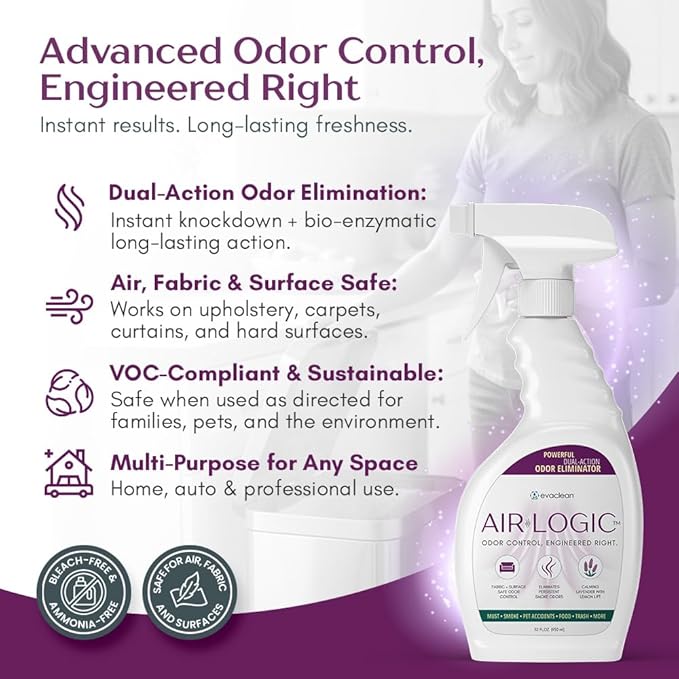 AIRLOGIC Dual-Action Odor Eliminator Spray 32 Fl Oz, Plant-Based Instant Knockdown & Enzymatic Deodorizer for Home, Neutralizes 16 Odor Sources, Bleach-Free, Fabric & Surface Safe, Lavender Lemon