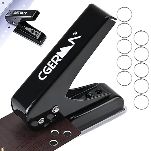 Single Hole Punch, 30 Sheet Capacity, with 10 Pcs Loose Leaf Binder Rings, Heavy Duty Paper Hole Puncher, 1/4" Hole Punches, 60% Labor Savings for for ID Cards, Chipboard Art Projects, Black