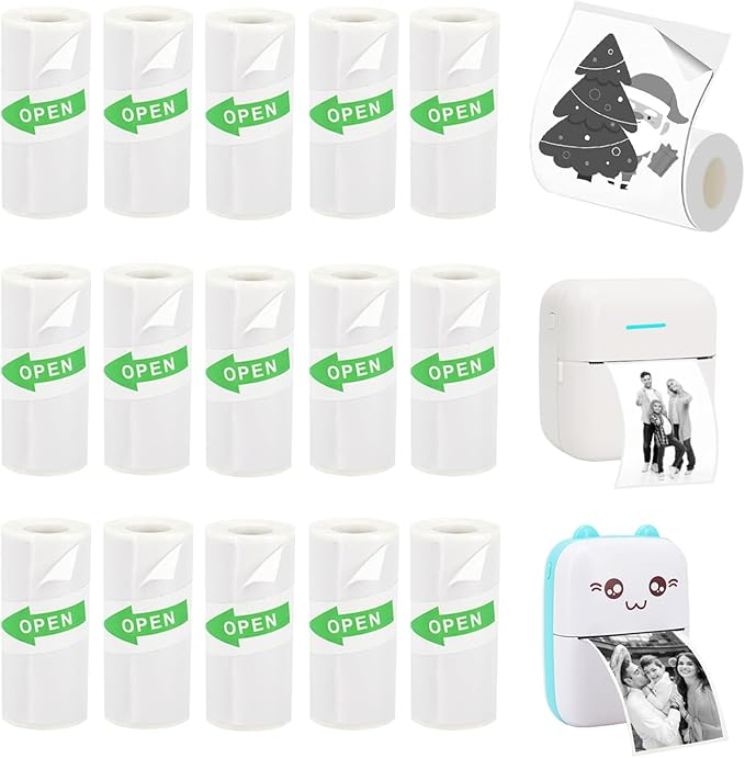 15 Rolls Mini Sticker Paper, Thermal Sticker Paper for Sticker Maker, Self-Adhesive Sticker Printer Paper, 57 x 25 mm, Compatible with Most Receipt Printers