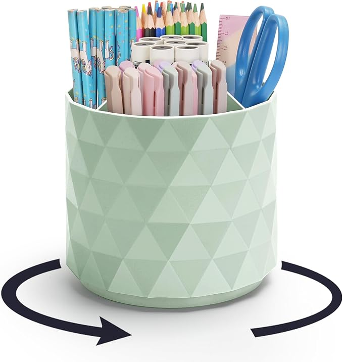 Desk Organizer,Sparkling Diamond-like Pen Holder for Desk 360°Rotating Office Accessories,Pencil Cup with 5 Compartments Storage Box Caddy for Office,School,Home,Art Supply(Green)