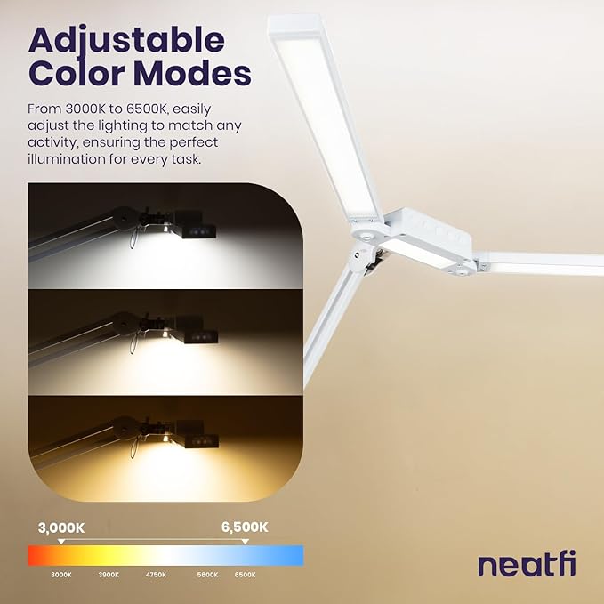 Neatfi LED Desk Lamp, Dimmable Desk Light with 360 SMD LEDs, 30W, CRI 95, Adjustable Color Temperature, Task Lamp for Home, Office, and Workbench (CCT, White, 41 Inches)