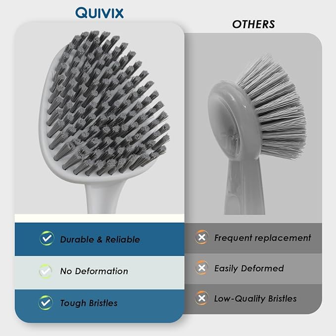 QUIVIX 3 Pack Heavy Duty Bathroom Scrub Brush with Long Handle, Stiff Bristles Grout Brush, Scrub Brushes for Cleaning Bathroom, Shower, Tile, Tub, Carpet, Kitchen, Sink (Crystal Gray)