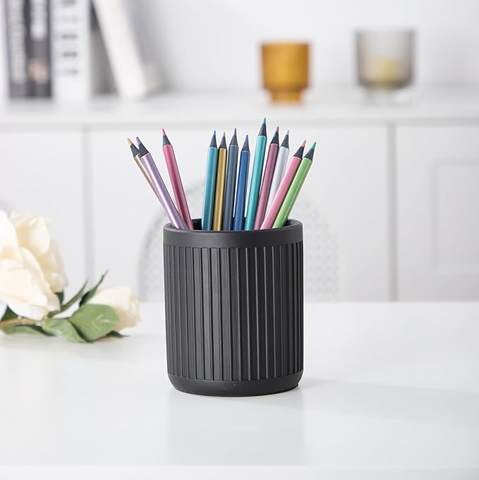 Aesthetic Charcoal Black Pen Holder for Desk - Concrete Modern Sturdy Black Pencil Holder for Desk- Cement Fluted Pen Cup Organizer - Minimalist & Modern Industrial Aesthetics to Office Decor