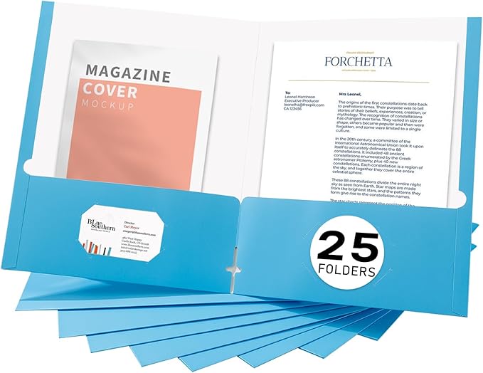 Zzrywuty File Folders with Pockets Letter Size, 25-Pack Paper Folders with Card Slot, Two Pocket Folders for School Students, Businessmen, Home and Office Workers（Light Blue）