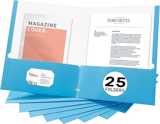 Zzrywuty File Folders with Pockets Letter Size, 25-Pack Paper Folders with Card Slot, Two Pocket Folders for School Students, Businessmen, Home and Office Workers（Light Blue）