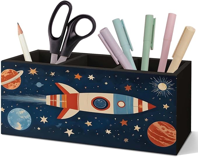 SNNDER Outer Space Pen Holder for Desk, Cosmic Rocket Planet Celestial Wooden Box Sign Desk Decor for Kids Room Home Classroom Decoration, Blue Galaxy Pencil Organizer, Space Decor for Boys Room