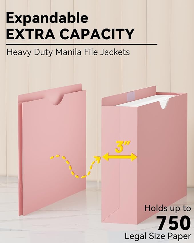 ANSOOK Plastic File Jackets,3" Legal Size Manilla Folders,12 Pack Expanding File Folder,Heavy Duty Expansion Pocket,File Cabinet Folders,Straight Cut Tab,Morandi Color Manila Folder for Home Office