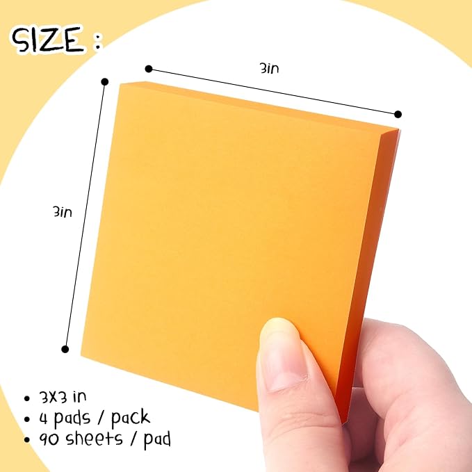Sticky Notes 3x3 Pop Up Self-Stick Notes Pads with Bright Colors, Easy to Post for Office, School, Home, 4 Pads/Pack, 90 Sheets/Pad (Orange)