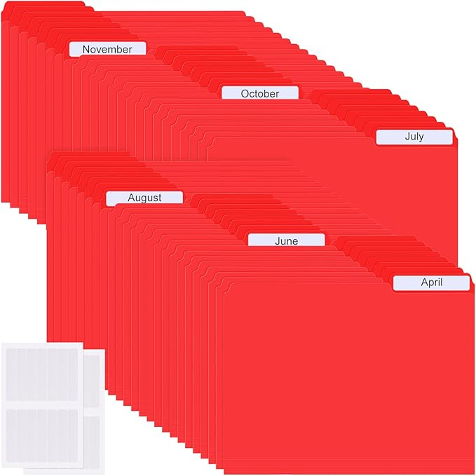 48 Pack Colored Plastic File Folders with Tabs and Sticky Labels Sturdy 1/3 Cut Tab Manila File Folders Letter Size 8. 5 x 11 Inch for Office Home Supplies Organizer Documents(Rose Red)