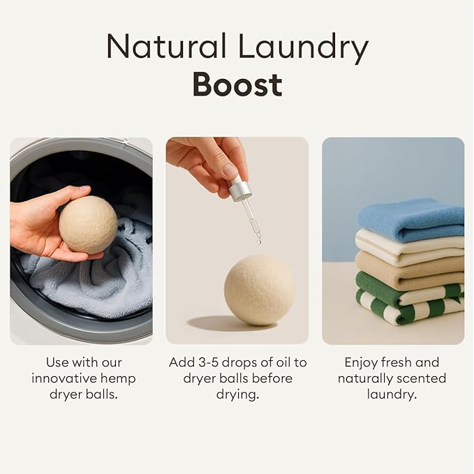 Vove Natural Hemp Dryer Balls Kit with Scent Drops - 4 Pack & Essential Oil Blend - 5X More Absorbent Than Wool - Natural Softener, Reduces Wrinkles and Static, Customizable Fresh Scent, Reusable