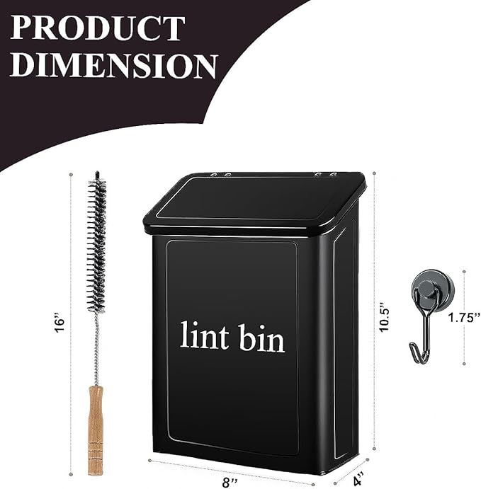 Magnetic Lint Bin with Lint Brush, two white hooks, one black back hook & all accessories for Laundry Room decor, Wall-Mounted Lint Bin with Lid, Black Powder Coated, Space-Saving Trash Can (Black)