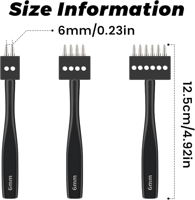 Leather Hole Punch, Prong Punch Tool 6mm 2/4/6 Lacing Stitching Punch, Round Hole Prong Stitching Chisel Set Leatherworking Tools for Leathercraft