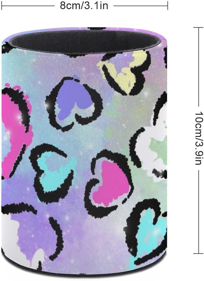 Leopard Heart Print Pen Holder Pencil Organizer Cute Pencil Cup Desk Decor Makeup Brush Holder PU Multifunctional Office Suppliesfor Home Classroom School