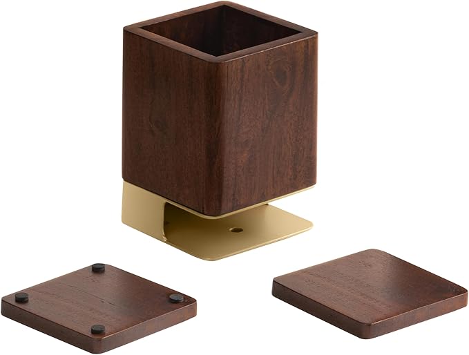 Anji Mountain Mango Wood Pen Holder with 2 Coasters, Stained Wood & Powder Coated Metal Pen Holder, Sustainable Room Decor Desk Organizer, Stylish Designer Pencil Case for Office Supplies