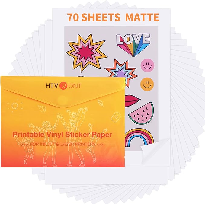 HTVRONT Printable Vinyl Sticker Paper - 70 Sheets Waterproof Matte Sticker Paper for Inkjet Printer & Laser Printer, Dries Quickly & Tear Resistant, 8.5"x11"