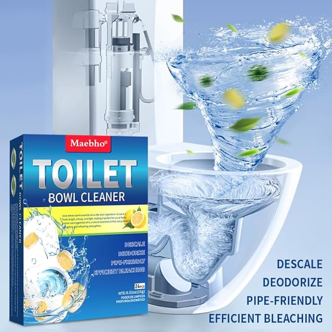 Maebho Toilet Bowl Cleaner Tablets – 24 Pack | Powerful Stain Removal, Septic Safe, Lemon Scent | No Harsh Chemicals, Long-Lasting Cleaning for Toilet Bowls